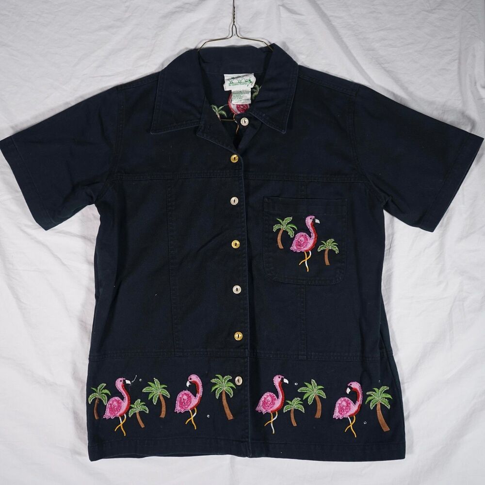 Quacker Factory Beaded Flamingo Button Up Shirt Black Women's Small